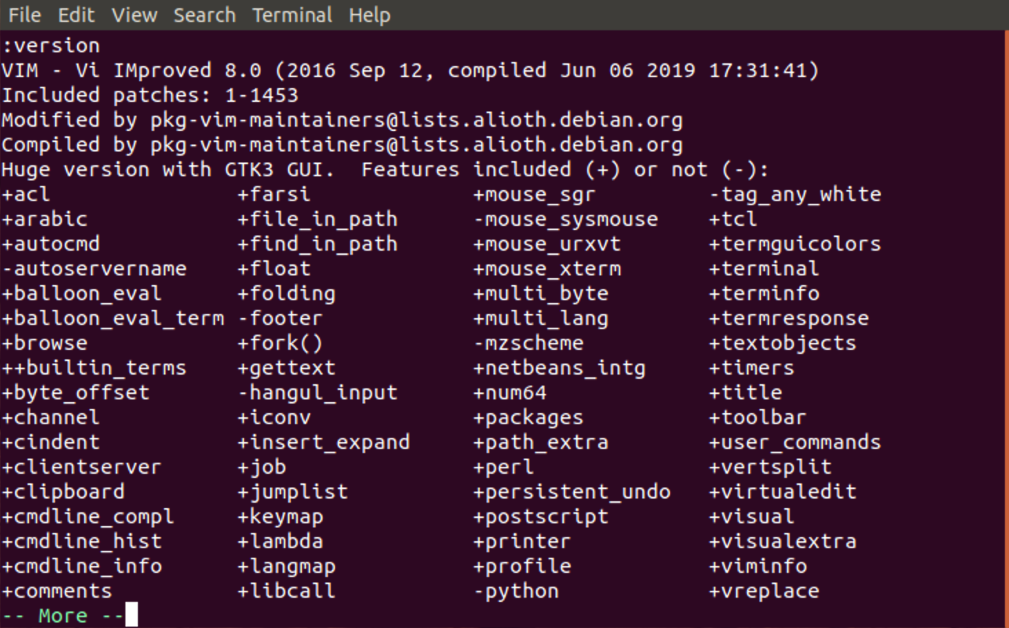在终端中运行 vim.gtk3,执行 :version Fig1.2